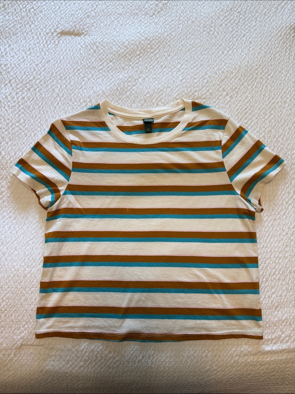 wild fable Cream Tee with Teal, Brown and Baby Pink Stripes size Medium